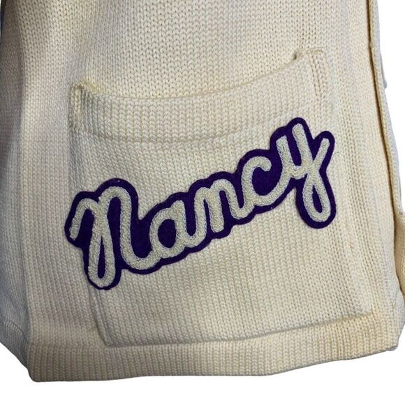 Vintage 70s Cardigan Varsity Sweater S Cream Wool Blend Pockets High School Band - Picture 4 of 12